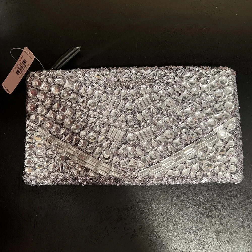 Victoria’s Secret Silver CRYSTALLIZED SEQUINED Clutch MAKE UP Bag Pouch 10.5x5.5